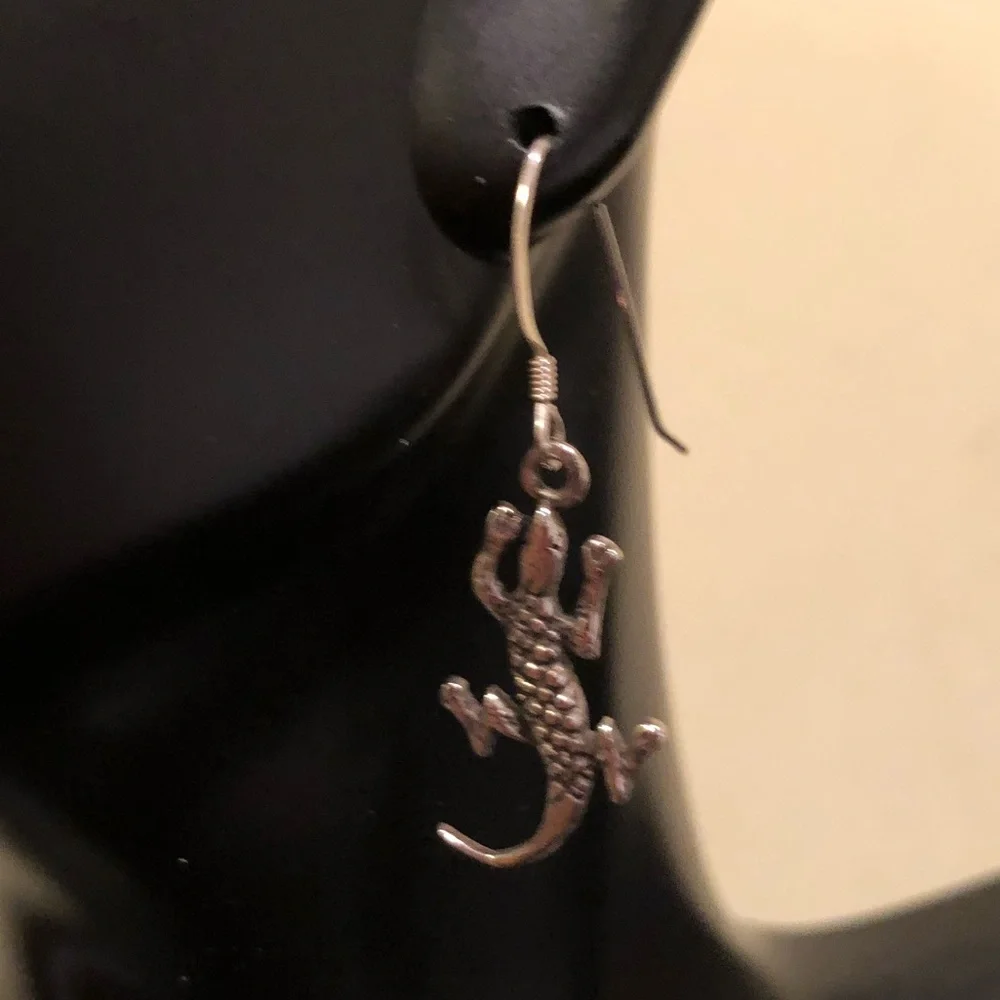 Southwest Gecko Dangle Sterling Earrings Artist Marked .925 Silver